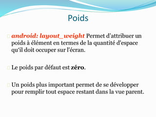 Poids
android: layout_weight Permet d’attribuer un
poids à élément en termes de la quantité d'espace
qu‘il doit occuper sur l'écran.
Le poids par défaut est zéro.
Un poids plus important permet de se développer
pour remplir tout espace restant dans la vue parent.
 
