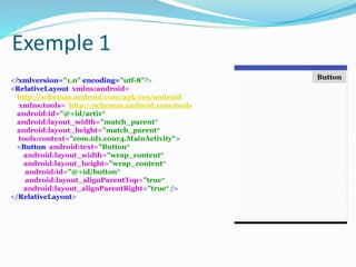 <?xmlversion="1.0" encoding="utf-8"?>
<RelativeLayout xmlns:android=
http://schemas.android.com/apk/res/android
xmlns:tools= http://schemas.android.com/tools
android:id="@+id/activ"
android:layout_width="match_parent"
android:layout_height="match_parent"
tools:context="com.td1.cour4.MainActivity">
<Button android:text="Button"
android:layout_width="wrap_content"
android:layout_height="wrap_content"
android:id="@+id/button"
android:layout_alignParentTop="true"
android:layout_alignParentRight="true" />
</RelativeLayout>
Button
Exemple 1
 