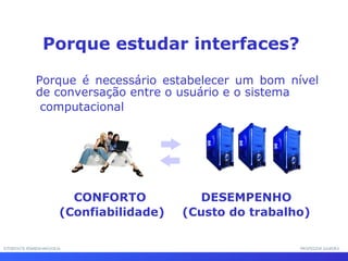 INTERFACE HOMEM-MÁQUINAINTERFACE HOMEM-MÁQUINA PROFESSOR SAMUKAPROFESSOR SAMUKA
Porque é necessário estabelecer um bom nível
de conversação entre o usuário e o sistema
computacional
CONFORTO
(Confiabilidade)
DESEMPENHO
(Custo do trabalho)
Porque estudar interfaces?
 