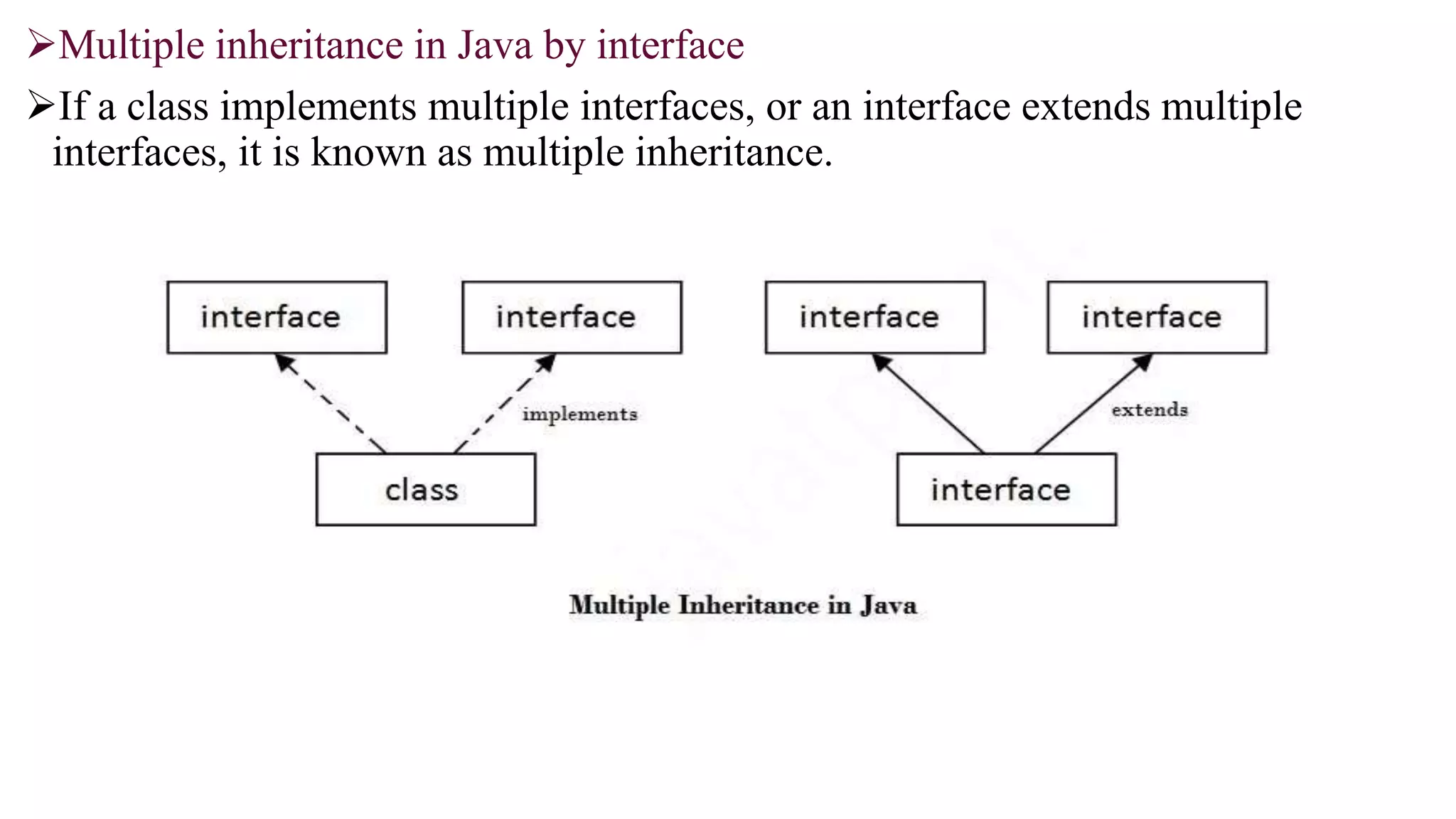 Multiple inheritance in Java by interface
If a class implements multiple interfaces, or an interface extends multiple
interfaces, it is known as multiple inheritance.
 