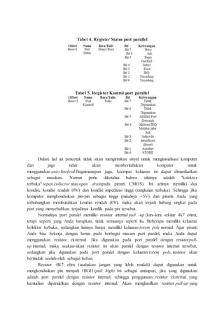 Tabel 4. Register Status port parallel
Tabel 5. Register Kontrol port parallel
Dalam hal ini pencetak tidak akan mengirimkan sinyal untuk menginisialisasi komputer
dan juga tidak akan memberitahukan komputer untuk
menggunakan auto linefeed.Bagaimanapun juga, keempat keluaran ini dapat dimanfaatkan
sebagai masukan. Namun perlu diketahui bahwa sifatnya adalah "kolektor
terbuka" (open collector atau open drainpada piranti CMOS). Ini artinya memiliki dua
kondisi, kondisi rendah (0V) dan kondisi impedansi tinggi (rangkaian terbuka). Sehingga jika
komputer mengkondisikan pin-pin sebagai tinggi (misalnya +5V) dan piranti Anda yang
terhubungkan membutuhkan kondisi rendah (0V), maka akan terjadi hubung singkat pada
port yang menyebabkan terjadinya konflik pada pin tersebut.
Normalnya port paralel memiliki resistor internal pull -up (kira-kira sekitar 4k7 ohm),
tetapi seperti yang Anda harapkan, tidak semuanya seperti itu. Beberapa memiliki keluaran
kolektor terbuka, sedangkan lainnya hanya memiliki keluaran totem pole normal. Agar piranti
Anda bisa bekerja dengan benar pada berbagai macam port paralel, maka Anda dapat
menggunakan resistor eksternal. Jika digunakan pada port paralel dengan resistorpull-
up internal, maka seakan-akan resistor ini akan paralel dengan resistor internal tersebut,
sedangkan jika digunakan pada port paralel dengan keluaran totem pole, resistor akan
bertindak seolah-olah sebagai beban.
Resistor 4K7 ohm (usahakan jangan yang lebih rendah) dapat digunakan untuk
mengkondisikan pin menjadi HIGH (pull high). Ini sebagai antisipasi, jika yang digunakan
adalah port paralel dengan resistor internal, sehingga penggunaan resistor eksternal yang
kemudian diparalelkan dengan resistor internal, Akan menghasilkan resistor pull-up yang
 