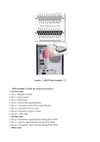 Gambar 2. DB25 Pada Komputer [3]
DB25 memiliki 25 buah pin dengan keterangan :
o Control pins
 Pin 4 = Request To Send
 Pin 5 = Clear to send
 Pin 6 = DCE Ready
 Pin 8 = received line signal detector
 Pin 12 = secondary received line signal detector
 Pin 13 = secondary clear to send
 Pin 19 = secondary request to send
 Pin 20 = DTE ready
o Timing pins
 Pin 15 = transmitter signal element timing (DCE-DTE)
 Pin 17 = receiver signal element timing (DCE-DTE)
 Pin 24 = transmitter signal element timing (DTE-DCT)
o Other pins
 