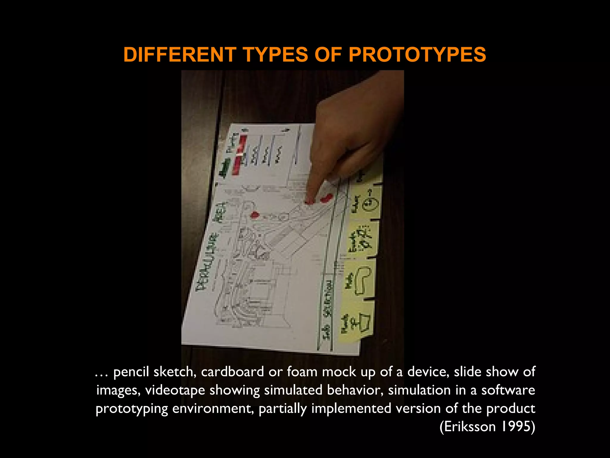 DIFFERENT TYPES OF PROTOTYPES
… pencil sketch, cardboard or foam mock up of a device, slide show of
images, videotape showing simulated behavior, simulation in a software
prototyping environment, partially implemented version of the product
(Eriksson 1995)
 