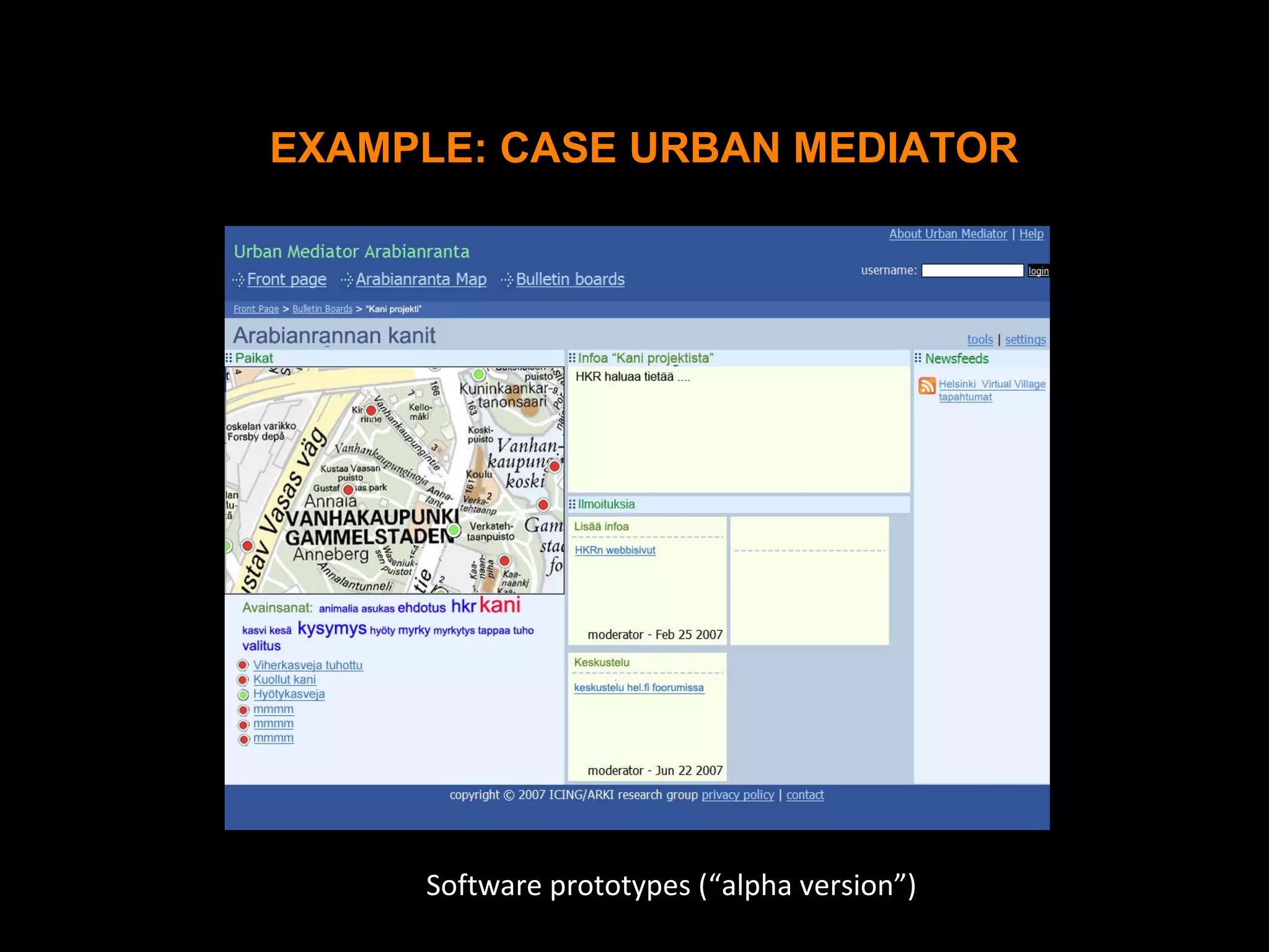 Software prototypes (“alpha version”)
EXAMPLE: CASE URBAN MEDIATOR
 