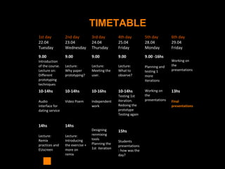 TIMETABLE
1st day
22.04
Tuesday
2nd day
23.04
Wednesday
3rd day
24.04
Thursday
4th day
25.04
Friday
5th day
28.04
Monday
6th day
29.04
Friday
9.00
Introduction
of the course.
Lecture on:
Different
prototyping
techniques
9.00
Lecture:
Why paper
prototyping?
9.00
Lecture:
Meeting the
user.
9.00
Lecture:
What to
observe?
9.00 -16hs
Planning and
testing 1
more
iterations
Working on
the
presentations
10-14hs
Audio
interface for
dating service
10-14hs
Video Poem
10-16hs
Independent
work
10-14hs
Testing 1st
iteration.
Redoing the
prototype
Testing again
Working on
the
presentations
13hs
Final
presentations
14hs
Lecture:
Remix
practices and
EUscreen
14hs
Lecture:
Introducing
the exercise +
more on
remix
Designing
renmixing
tools
Planning the
1st iteration
15hs
Students
presentations
: how was the
day?
 
