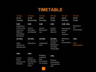TIMETABLE
1st day
22.04
Tuesday
2nd day
23.04
Wednesday
3rd day
24.04
Thursday
4th day
25.04
Friday
5th day
28.04
Monday
6th day
29.04
Friday
9.00
Introduction
of the course.
Lecture on:
Different
prototyping
techniques
9.00
Lecture:
Why paper
prototyping?
9.00
Lecture:
Meeting the
user.
9.00
Lecture:
What to
observe?
9.00 -16hs
Planning and
testing 1
more
iterations
Working on
the
presentations
10-14hs
Audio
interface for
dating service
10-14hs
Video Poem
10-16hs
Independent
work
10-14hs
Testing 1st
iteration.
Redoing the
prototype
Testing again
Working on
the
presentations
13hs
Final
presentations
14hs
Lecture:
Remix
practices and
EUscreen
14hs
Lecture:
Introducing
the exercise +
more on
remix
Designing
renmixing
tools
Planning the
1st iteration
15hs
Students
presentations
: how was the
day?
 