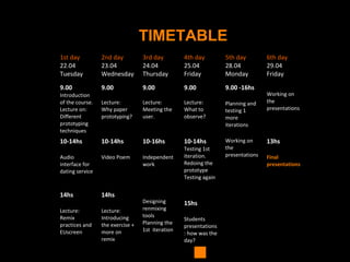 TIMETABLE
1st day
22.04
Tuesday
2nd day
23.04
Wednesday
3rd day
24.04
Thursday
4th day
25.04
Friday
5th day
28.04
Monday
6th day
29.04
Friday
9.00
Introduction
of the course.
Lecture on:
Different
prototyping
techniques
9.00
Lecture:
Why paper
prototyping?
9.00
Lecture:
Meeting the
user.
9.00
Lecture:
What to
observe?
9.00 -16hs
Planning and
testing 1
more
iterations
Working on
the
presentations
10-14hs
Audio
interface for
dating service
10-14hs
Video Poem
10-16hs
Independent
work
10-14hs
Testing 1st
iteration.
Redoing the
prototype
Testing again
Working on
the
presentations
13hs
Final
presentations
14hs
Lecture:
Remix
practices and
EUscreen
14hs
Lecture:
Introducing
the exercise +
more on
remix
Designing
renmixing
tools
Planning the
1st iteration
15hs
Students
presentations
: how was the
day?
 