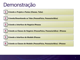 Demonstração
1   Criando o Projeto e Pastas (Classes, Telas)


2   Criando/Desenhando as Telas (PessoaFisica, PessoaJuridica)


3   Criando a Interface de Negócio IPessoa


4   Criando as Classes de Negócio (PessoaFisica, PessoaJuridica) : IPessoa


5   Criando a Interface de Modelo IPessoa


6   Criando as Classes de Modelo (PessoaFisica, PessoaJuridica) : IPessoa




                                                                             5
 
