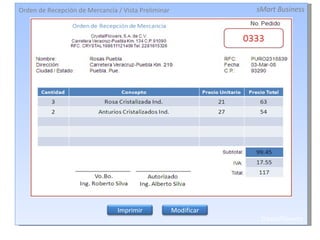 Orden de Recepción de Mercancía / Vista Preliminar sMart Business CrystalFlowers Imprimir Modificar 