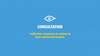 CONSULTATION
L’utilisateur consomme du contenu de
façon relativement passive.
 