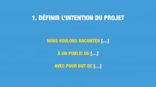 NOUS VOULONS RACONTER […]
AVEC POUR BUT DE […]
À UN PUBLIC DE […]
1. DÉFINIR L’INTENTION DU PROJET
 