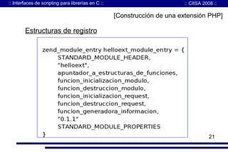 :: Interfaces de scripting para librerías en C ::

:: CIISA 2008 ::

[Construcción de una extensión PHP]

Estructuras de registro

21

 