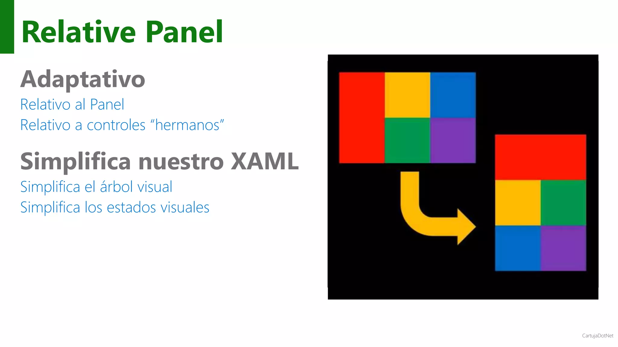 CartujaDotNet
Relative Panel
Adaptativo
Relativo al Panel
Relativo a controles “hermanos”
Simplifica nuestro XAML
Simplifica el árbol visual
Simplifica los estados visuales
 