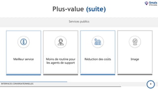 Plus-value (suite)
INTERFACES CONVERSATIONNELLES 4
Meilleur service Moins de routine pour
les agents de support
Réduction des coûts Image
Services publics
 