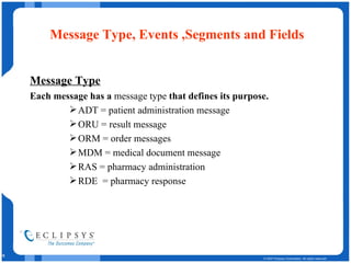Message Type, Events ,Segments and Fields Message Type Each message has a  message type  that defines its purpose. ADT = patient administration message ORU = result message ORM = order messages MDM = medical document message RAS = pharmacy administration RDE  = pharmacy response 