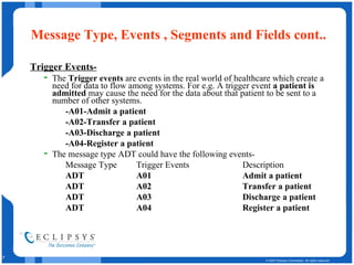 Message Type, Events , Segments and Fields cont.. Trigger Events- The  Trigger events  are events in the real world of healthcare which create a need for data to flow among systems. For e.g. A trigger event  a patient is admitted  may cause the need for the data about that patient to be sent to a number of other systems. -A01-Admit a patient -A02-Transfer a patient -A03-Discharge a patient -A04-Register a patient The message type ADT could have the following events- Message Type Trigger Events Description ADT A01 Admit a patient ADT A02 Transfer a patient ADT A03 Discharge a patient ADT A04 Register a patient 
