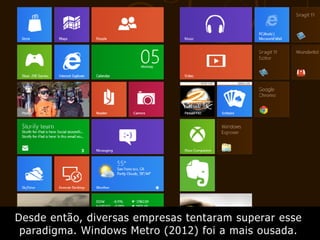 Desde então, diversas empresas tentaram superar esse
paradigma. Windows Metro (2012) foi a mais ousada.
 
