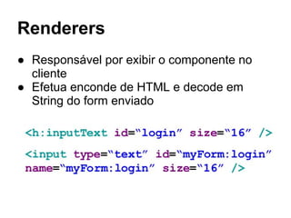 Renderers
● Responsável por exibir o componente no
cliente
● Efetua enconde de HTML e decode em
String do form enviado
 