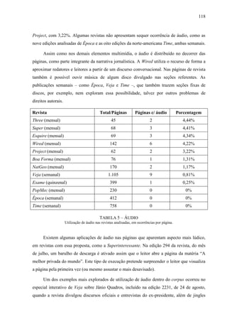 118



Project, com 3,22%. Algumas revistas não apresentam sequer ocorrência de áudio, como as
nove edições analisadas de Época e as oito edições da norte-americana Time, ambas semanais.

      Assim como nos demais elementos multimídia, o áudio é distribuído no decorrer das
páginas, como parte integrante da narrativa jornalística. A Wired utiliza o recurso de forma a
aproximar redatores e leitores a partir de um discurso conversacional. Nas páginas de revista
também é possível ouvir música de algum disco divulgado nas seções referentes. As
publicações semanais – como Época, Veja e Time –, que também trazem seções fixas de
discos, por exemplo, nem exploram essa possibilidade, talvez por outros problemas de
direitos autorais.

Revista                                     Total/Páginas          Páginas c/ áudio            Porcentagem
Three (mensal)                                     45                       2                    4,44%
Super (mensal)                                     68                       3                    4,41%
Esquire (mensal)                                   69                       3                    4,34%
Wired (mensal)                                    142                       6                    4,22%
Project (mensal)                                   62                       2                    3,22%
Boa Forma (mensal)                                 76                       1                    1,31%
NatGeo (mensal)                                   170                       2                    1,17%
Veja (semanal)                                   1.105                      9                    0,81%
Exame (quinzenal)                                 399                       1                    0,25%
PopMec (mensal)                                   230                       0                      0%
Época (semanal)                                   412                       0                      0%
Time (semanal)                                    758                       0                      0%

                                           TABELA 5 – ÁUDIO
                     Utilização de áudio nas revistas analisadas, em ocorrências por página.



      Existem algumas aplicações de áudio nas páginas que aparentam aspecto mais lúdico,
em revistas com essa proposta, como a Superinteressante. Na edição 294 da revista, do mês
de julho, um barulho de descarga é ativado assim que o leitor abre a página da matéria “A
melhor privada do mundo”. Este tipo de execução pretende surpreender o leitor que visualiza
a página pela primeira vez (ou mesmo assustar o mais desavisado).

      Um dos exemplos mais explorados de utilização de áudio dentro do corpus ocorreu no
especial interativo de Veja sobre Jânio Quadros, incluído na edição 2231, de 24 de agosto,
quando a revista divulgou discursos oficiais e entrevistas do ex-presidente, além de jingles
 