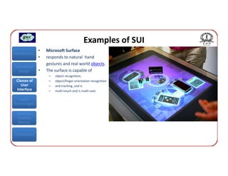 Examples of SUI
               •   Microsoft Surface
Introduction
               •   responds to natural hand
                   gestures and real world objects.
Interaction
  Design       •   The surface is capable of
                    –   object recognition,
 Classes of         –   object/finger orientation recognition
    User            –   and tracking, and is
 Interface          –   multi-touch and is multi-user.

   Input
Technologies

 Interface
 Usability
  Metrics


Conclusions
 