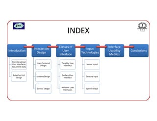 INDEX
                                      Classes of                          Interface
                    Interaction                           Input
Introduction                             User                             Usability   Conclusions
                      Design                           Technologies
                                      Interface                            Metrics

  From Graphical
                      User-Centered    Tangible User
  User Interfaces                                         Sensor Input
                         Design          Interface
  to Context Data


   Rules for UUI                        Surface User
                     Systems Design                       Gesture Input
      Design                              Interface



                                       Ambient User
                      Genius Design                       Speech Input
                                        Interfaces
 