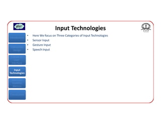 Input Technologies
               •   Here We focus on Three Categories of Input Technologies
Introduction
               •   Sensor Input
               •   Gesture Input
Interaction
  Design       •   Speech Input

 Classes of
    User
 Interface

   Input
Technologies

 Interface
 Usability
  Metrics


Conclusions
 