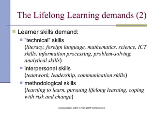 The Lifelong Learning demands (2) Learner skills demand: “ technical” skills ( literacy, foreign language, mathematics, science, ICT skills, information processing, problem-solving, analytical skills )   interpersonal skills ( teamwork, leadership, communication skills )   methodological skills ( learning to learn, pursuing lifelong learning, coping with risk and change )   