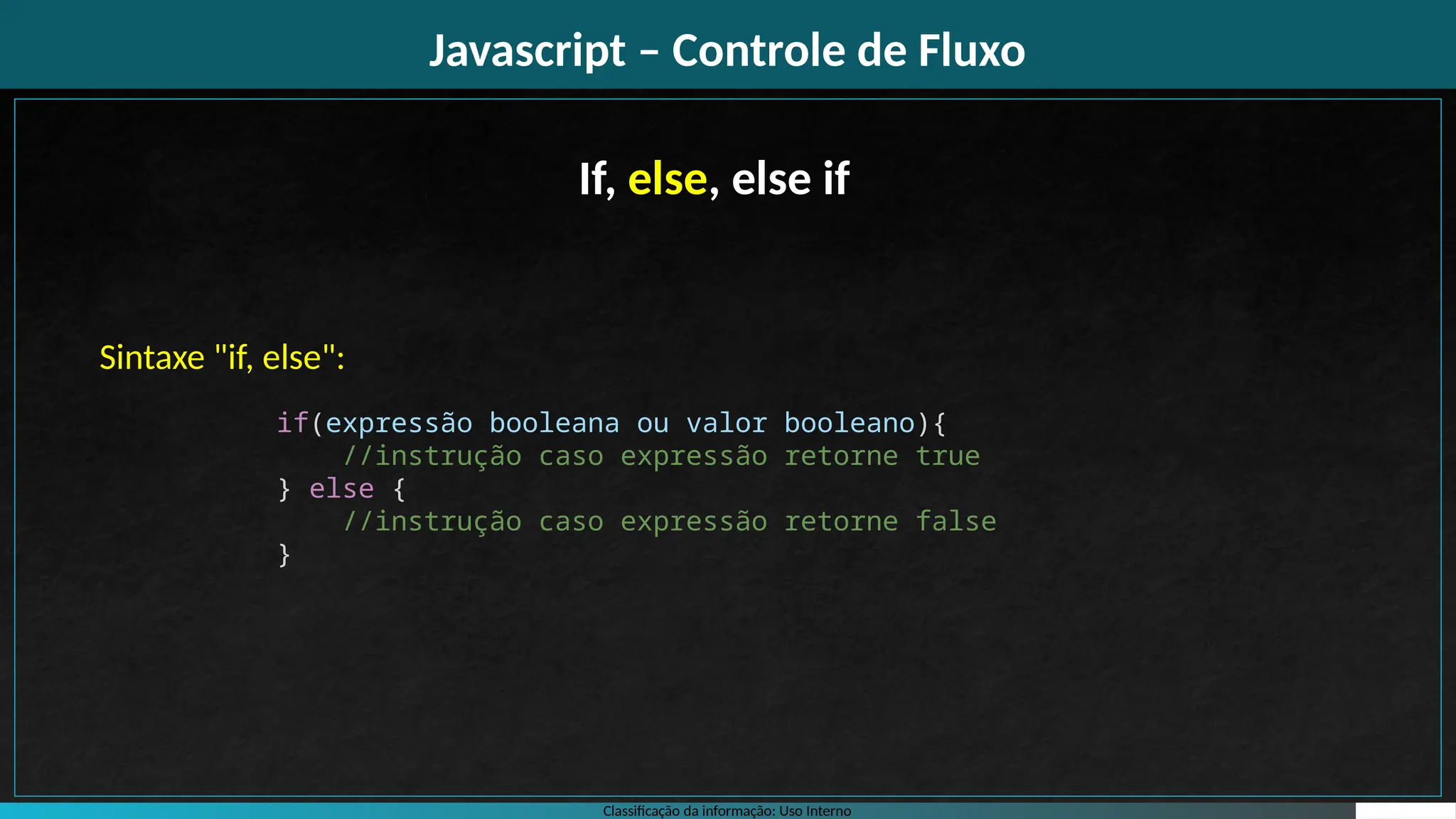 Classificação da informação: Uso Interno
Javascript – Controle de Fluxo
If, else, else if
Sintaxe "if, else":
if(expressão booleana ou valor booleano){
//instrução caso expressão retorne true​
} else {
//instrução caso expressão retorne false
}
 