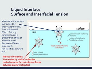 Liquid Interface
Surface and InterfacialTension
Molecule in the bulk
Surrounded by similar molecules.
Under balanced forces (cohesive forces
between similar molecules)
Molecule at the surface.
Surrounded by
unequivalent forces.
Thus unbalanced.
Effect of strong
cohesive forces is
greater than effect of
adhesive forces
(between different
molecules).
Net result is an inward
pull.
 