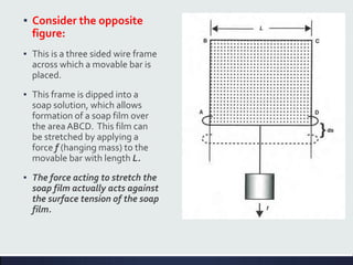 ▪ Consider the opposite
figure:
▪ This is a three sided wire frame
across which a movable bar is
placed.
▪ This frame is dipped into a
soap solution, which allows
formation of a soap film over
the area ABCD. This film can
be stretched by applying a
force f (hanging mass) to the
movable bar with length L.
▪ The force acting to stretch the
soap film actually acts against
the surface tension of the soap
film.
 