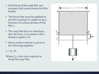 ▪ Stretching of the soap film can
proceed until a point when the film
breaks.
▪ The force that must be applied to
the film to break it is taken to be a
function of surface tension of the
film γ.
▪ The soap film has two interfaces,
thus the force is in contact with a
distance equal to 2L.
▪ Hence surface tension is given in
the following equation:
γ = Fb/ 2L
Where Fb is the force required to
break the soap film.
 