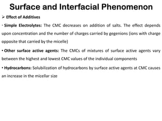 Surface and Interfacial Phenomenon
➢ Effect of Additives
• Simple Electrolytes: The CMC decreases on addition of salts. The effect depends
upon concentration and the number of charges carried by gegenions (ions with charge
opposite that carried by the micelle)
• Other surface active agents: The CMCs of mixtures of surface active agents vary
between the highest and lowest CMC values of the individual components
• Hydrocarbons: Solubilization of hydrocarbons by surface active agents at CMC causes
an increase in the micellar size
 