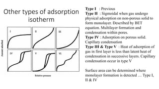 Other types of adsorption
isotherm
Type I : Previous
Type II : Sigmoidal when gas undergo
physical adsorption on non-porous solid to
form monolayer. Described by BET
equation. Multilayer formation and
condensation within pores.
Type IV : Adsorption on porous solid.
Capillary condensation
Type III & Type V : Heat of adsorption of
gas in first layer is less than latent heat of
condensation in successive layers. Capillary
condensation occur in type V
Surface area can be determined where
monolayer formation is detected … Type I,
II & IV
 