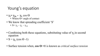 Young’s equation
• γs= γSL - γL cos ϴ
• Where ϴ= angle of contact
• We know that spreading coefficient ‘S’
• S= γS – γL – γLS
• Combining both these equations, substituting value of γs in second
equation
• S = γL (cos ϴ -1)
• Surface tension when, cos ϴ =1 is known as critical surface tension
 
