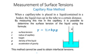 Measurement of Surface Tensions
𝜸 surface tension
𝒓 radius of capillary
𝒉 height
𝒑 density of the liquid
𝒈 acceleration of gravity
This method cannot be used to obtain interfacial tensions.
Capillary Rise Method
When a capillarytube is placed in a liquidcontained in a
beaker, the liquid rises up in the tube to a certain distance.
By measuring this rise in the capillary, it is possible to
using thedetermine the surface tension of the liquid
formula:
𝜸 = ½ 𝒓 𝒉 𝒑 𝒈
11
 