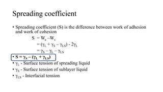 Spreading coefficient
• Spreading coefficient (S) is the difference between work of adhesion
and work of cohesion
S = Wa –Wc
= (γL + γS – γLS) - 2γL
= γS – γL – γLS
• S = γS – (γL + γLS)
• γL - Surface tension of spreading liquid
• γS - Surface tension of sublayer liquid
• γLS - Interfacial tension
 