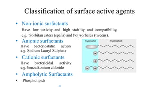 Classification of surface active agents
• Non-ionic surfactants
Have low toxicity and high stability and compatibility,
e.g. Sorbitan esters (spans) and Polysorbates (tweens).
• Anionic surfactants
Have bacteriostatic action
e.g. Sodium Lauryl Sulphate
• Cationic surfactants
Have bactericidal activity
e.g. benzalkonium chloride
• Ampholytic Surfactants
• Phospholipids
26
 