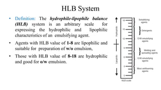 HLB System
• Definition: The hydrophile-lipophile balance
(HLB) system is an arbitrary scale for
expressing the hydrophilic and lipophilic
characteristics of an emulsifying agent.
• Agents with HLB value of 1-8 are lipophilic and
suitable for preparation of w/o emulsion,
• Those with HLB value of 8-18 are hydrophilic
and good for o/w emulsion.
 
