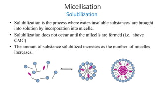 Micellisation
Solubilization
• Solubilization is the process where water-insoluble substances are brought
into solution by incorporation into micelle.
• Solubilization does not occur until the milcells are formed (i.e. above
CMC)
• The amount of substance solubilized increases as the number of micelles
increases.
 