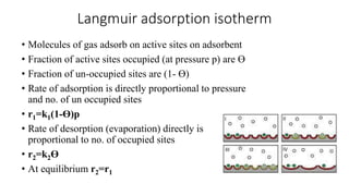 Langmuir adsorption isotherm
• Molecules of gas adsorb on active sites on adsorbent
• Fraction of active sites occupied (at pressure p) are ϴ
• Fraction of un-occupied sites are (1- ϴ)
• Rate of adsorption is directly proportional to pressure
and no. of un occupied sites
• r1=k1(1-ϴ)p
• Rate of desorption (evaporation) directly is
proportional to no. of occupied sites
• r2=k2ϴ
• At equilibrium r2=r1
 