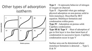 Other types of adsorption
isotherm
Type I : It represents behavior of nitrogen
or oxygen on charcoal.
Type II : Sigmoidal when gas undergo
physical adsorption on non-porous solid to
form monolayer. Described by BET
equation. Multilayer formation and
condensation within pores.
Type IV : Adsorption on porous solid.
Capillary condensation
Type III & Type V : Heat of adsorption of
gas in first layer is less than latent heat of
condensation in successive layers. Capillary
condensation occur in type V
Surface area can be determined where
monolayer formation is detected … Type I,
II & IV
 
