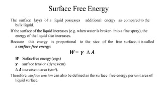 Surface Free Energy
The surface layer of a liquid possesses additional energy as compared to the
bulk liquid.
If the surface of the liquid increases (e.g. when water is broken into a fine spray), the
energy of the liquid also increases.
Because this energy is proportional to the size of the free surface, it is called
a surface free energy:
𝑾= 𝜸 ∆ 𝑨
𝑾 Surfacefree energy (ergs)
𝜸 surface tension (dynes/cm)
∆ 𝑨 increase in area (cm2).
Therefore, surface tension can also be defined as the surface free energy per unit area of
liquid surface.
 