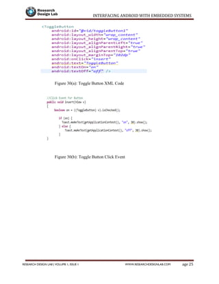 INTERFACING ANDROID WITH EMBEDDED SYSTEMS
Page 25RESEARCH DESIGN LAB | VOLUME 1, ISSUE 1 WWW.RESEARCHDESIGNLAB.COM
Figure 30(a): Toggle Button XML Code
Figure 30(b): Toggle Button Click Event
 