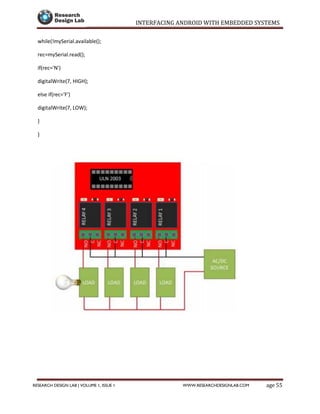 INTERFACING ANDROID WITH EMBEDDED SYSTEMS
Page 55RESEARCH DESIGN LAB | VOLUME 1, ISSUE 1 WWW.RESEARCHDESIGNLAB.COM
while(!mySerial.available();
rec=mySerial.read();
if(rec='N')
digitalWrite(7, HIGH);
else if(rec='F')
digitalWrite(7, LOW);
}
}
 