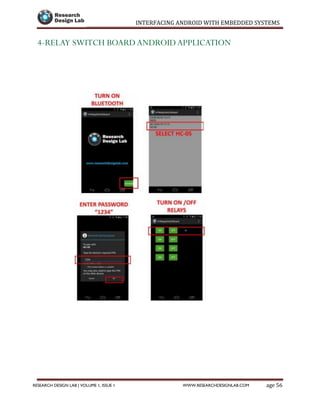 INTERFACING ANDROID WITH EMBEDDED SYSTEMS
Page 56RESEARCH DESIGN LAB | VOLUME 1, ISSUE 1 WWW.RESEARCHDESIGNLAB.COM
4-RELAY SWITCH BOARD ANDROID APPLICATION
 