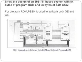 Show the design of an 8031/51 based system with 8k
bytes of program ROM and 8k bytes of data ROM
For program ROM,PSEN is used to activate both OE and
CE.
 