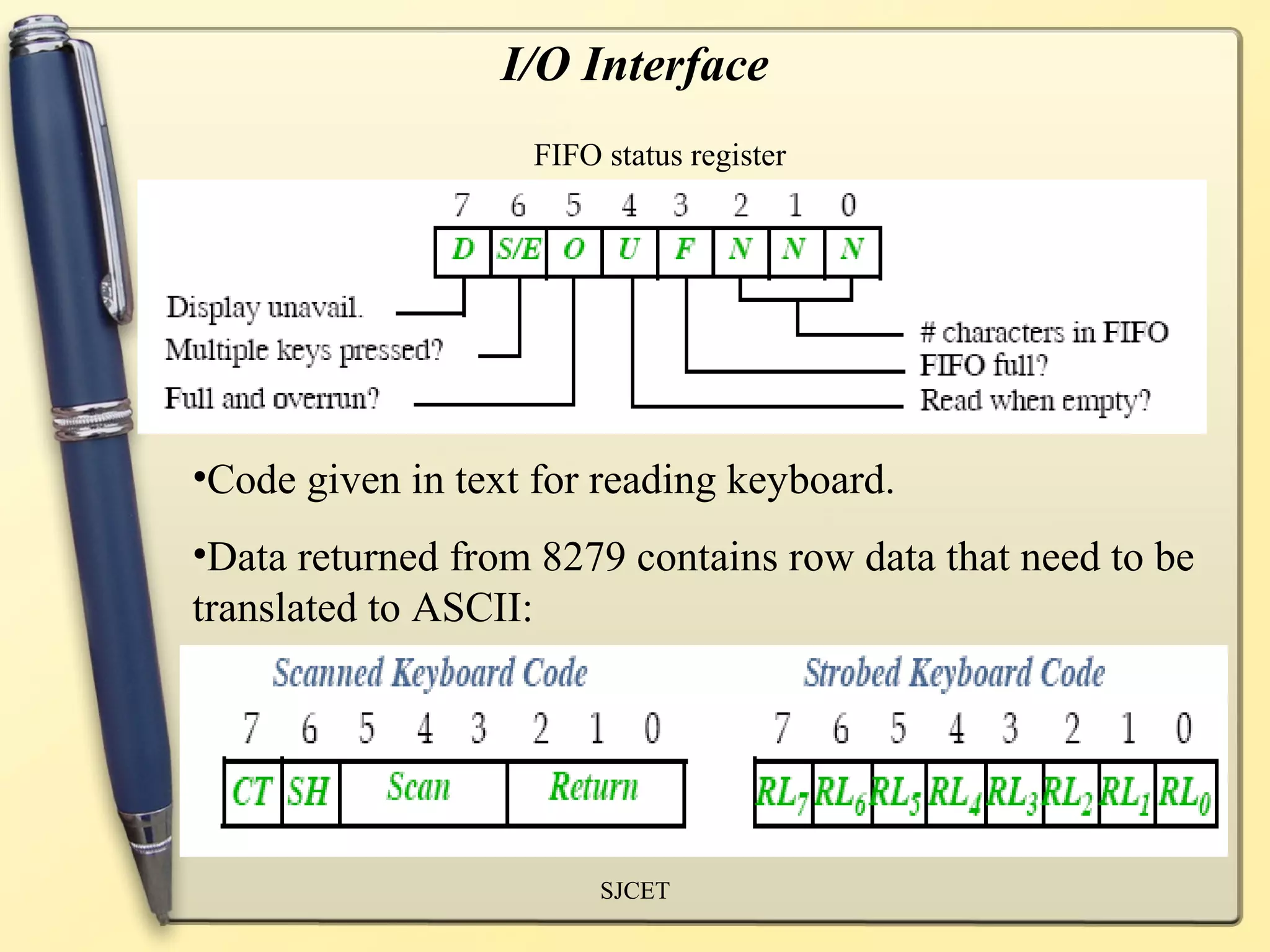 I/O Interface
                   FIFO status register




•Code given in text for reading keyboard.
•Data returned from 8279 contains row data that need to be
translated to ASCII:




                        SJCET
 