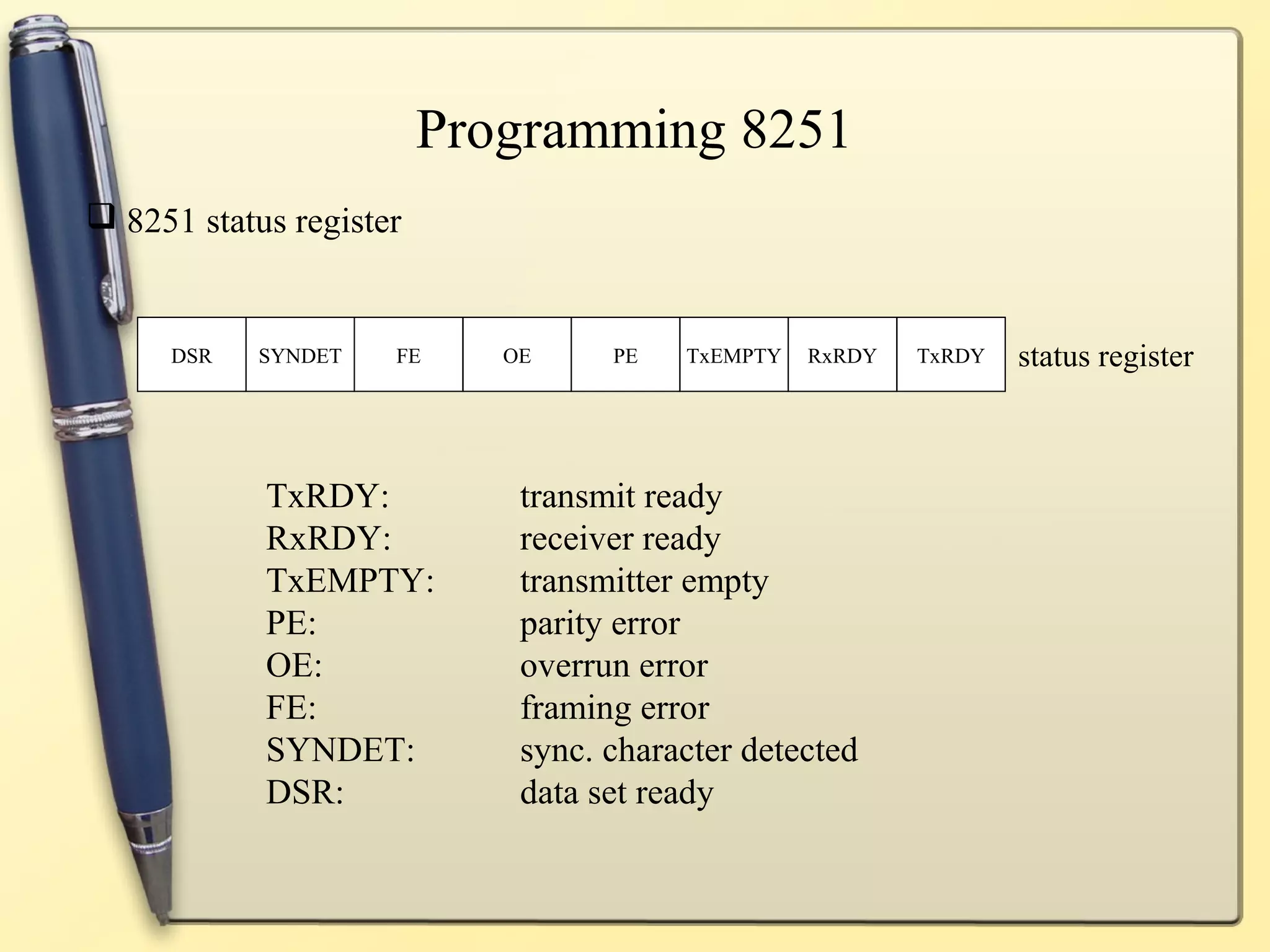 Programming 8251
 8251 status register


     DSR    SYNDET   FE     OE     PE   TxEMPTY   RxRDY   TxRDY   status register



            TxRDY:           transmit ready
            RxRDY:           receiver ready
            TxEMPTY:         transmitter empty
            PE:              parity error
            OE:              overrun error
            FE:              framing error
            SYNDET:          sync. character detected
            DSR:             data set ready
 