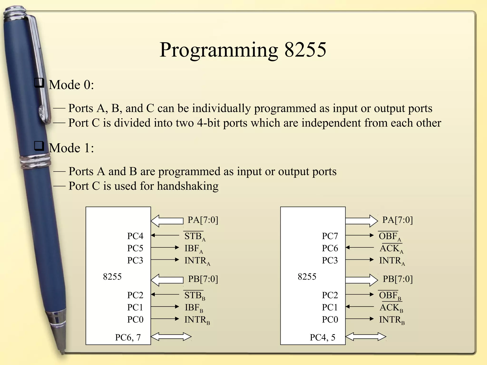 Programming 8255
 Mode 0:
  — Ports A, B, and C can be individually programmed as input or output ports
  — Port C is divided into two 4-bit ports which are independent from each other

 Mode 1:
  — Ports A and B are programmed as input or output ports
  — Port C is used for handshaking

                             PA[7:0]                                PA[7:0]
                   PC4      STBA                          PC7      OBFA
                   PC5      IBFA                          PC6      ACKA
                   PC3      INTRA                         PC3      INTRA
            8255             PB[7:0]               8255             PB[7:0]
                   PC2      STBB                          PC2      OBFB
                   PC1      IBFB                          PC1      ACKB
                   PC0      INTRB                         PC0      INTRB
              PC6, 7                                 PC4, 5
 