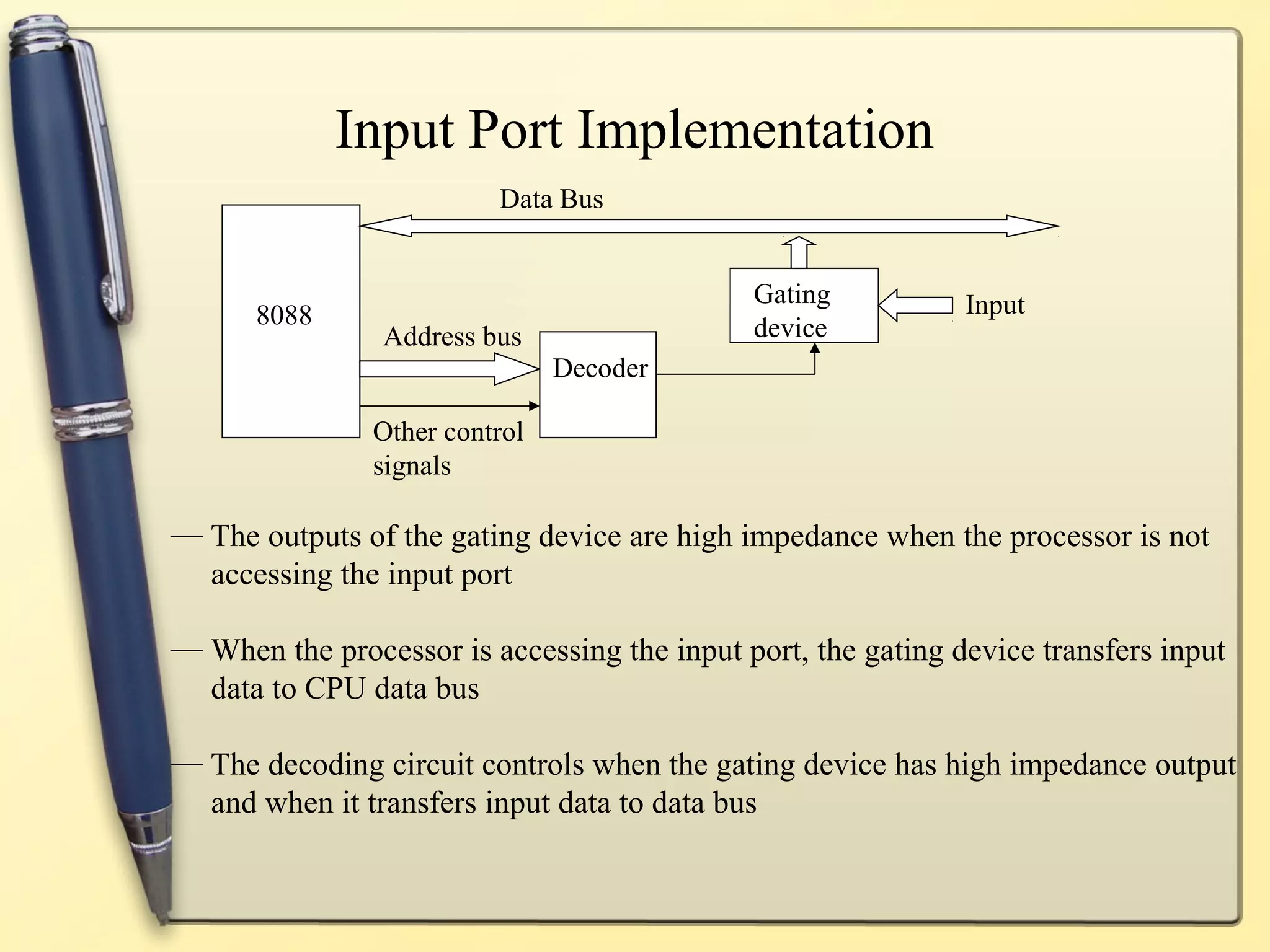 Input Port Implementation
                         Data Bus


                                             Gating           Input
      8088                                   device
                Address bus
                               Decoder

               Other control
               signals

— The outputs of the gating device are high impedance when the processor is not
  accessing the input port

— When the processor is accessing the input port, the gating device transfers input
  data to CPU data bus

— The decoding circuit controls when the gating device has high impedance output
  and when it transfers input data to data bus
 